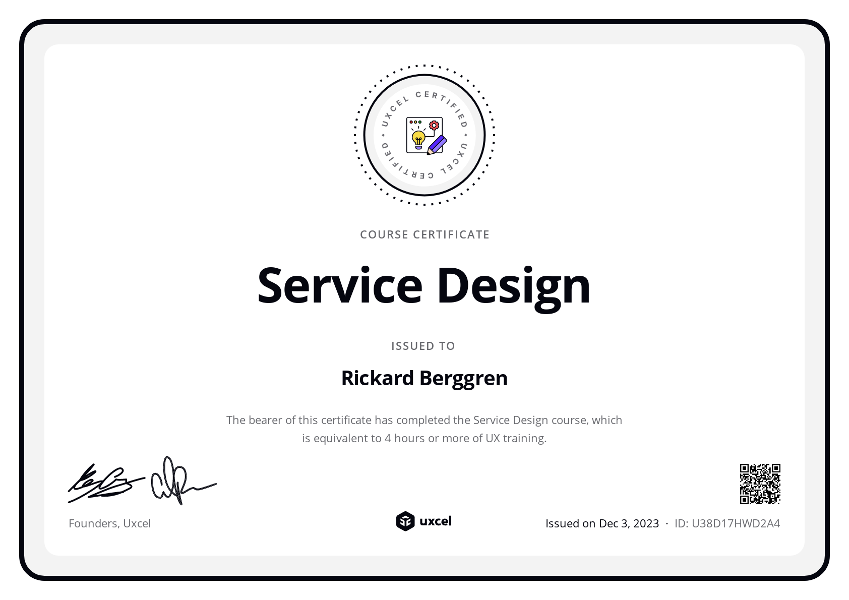 Rickard Berggren's certificate